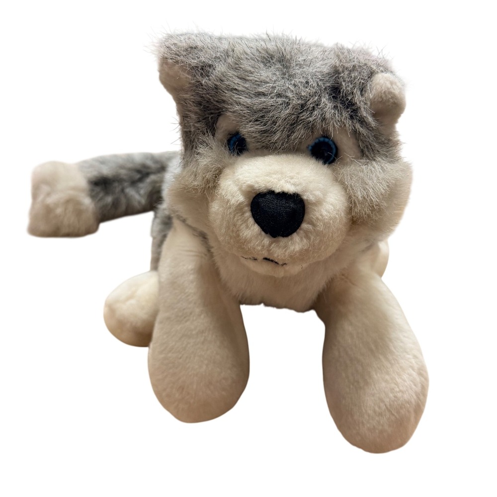 A&A Plush Husky Dog Wolf Stuffed‎ Animal Grey White Blue Eyes Lying Toy